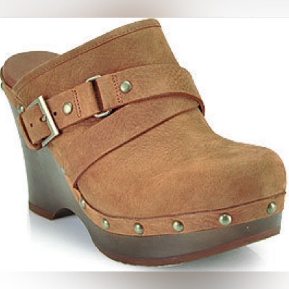 UGG Tan Suede Clog Mule with Studded Wooden Platform